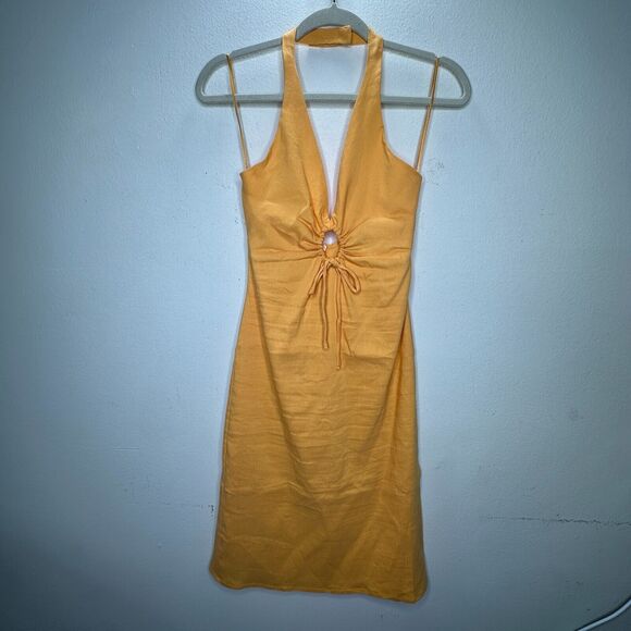 Zara Mustard Yellow Halter V-Neck Sun Dress O-Ring Cutout Front Open Back Small - Picture 6 of 15